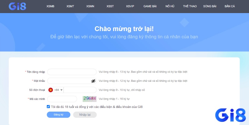 Giao diện đăng ký tại nhà cái Gi8