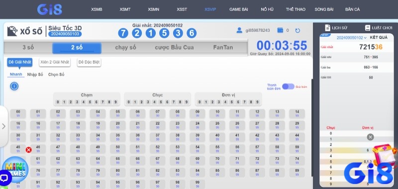 Giao diện xố số siêu tốc 3D tại Gi8